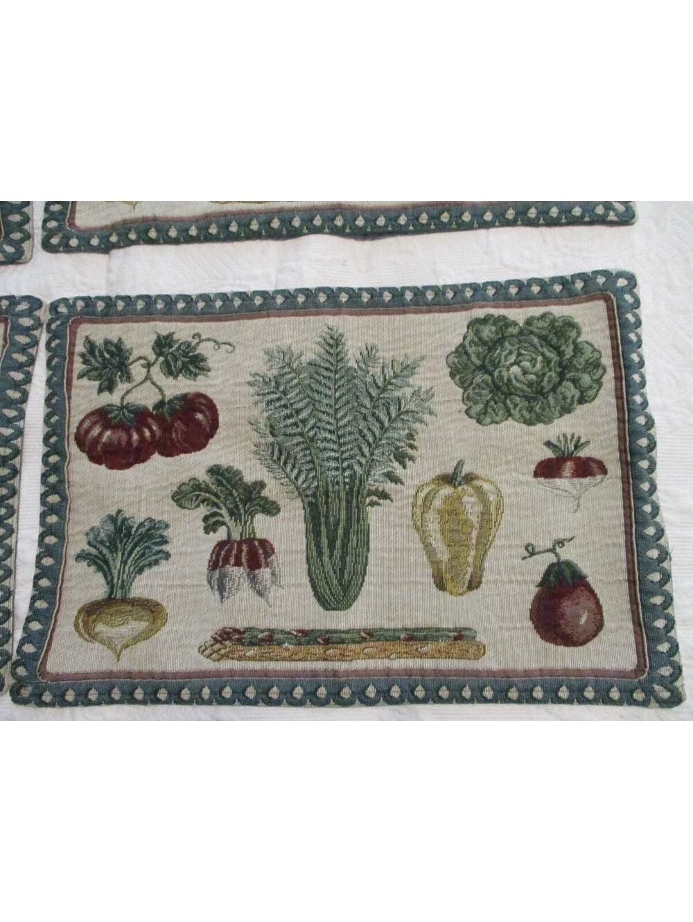 Set of 4 Vintage Vegetable Patterned Placemats with Green Backing